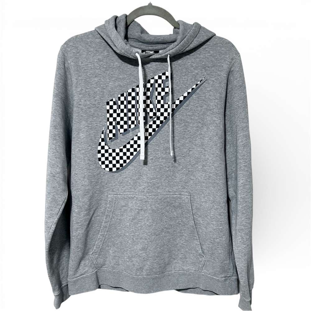 Nike Hoodie Sweatshirt Light Gray Black White Checkered Swoosh Men’s Medium M